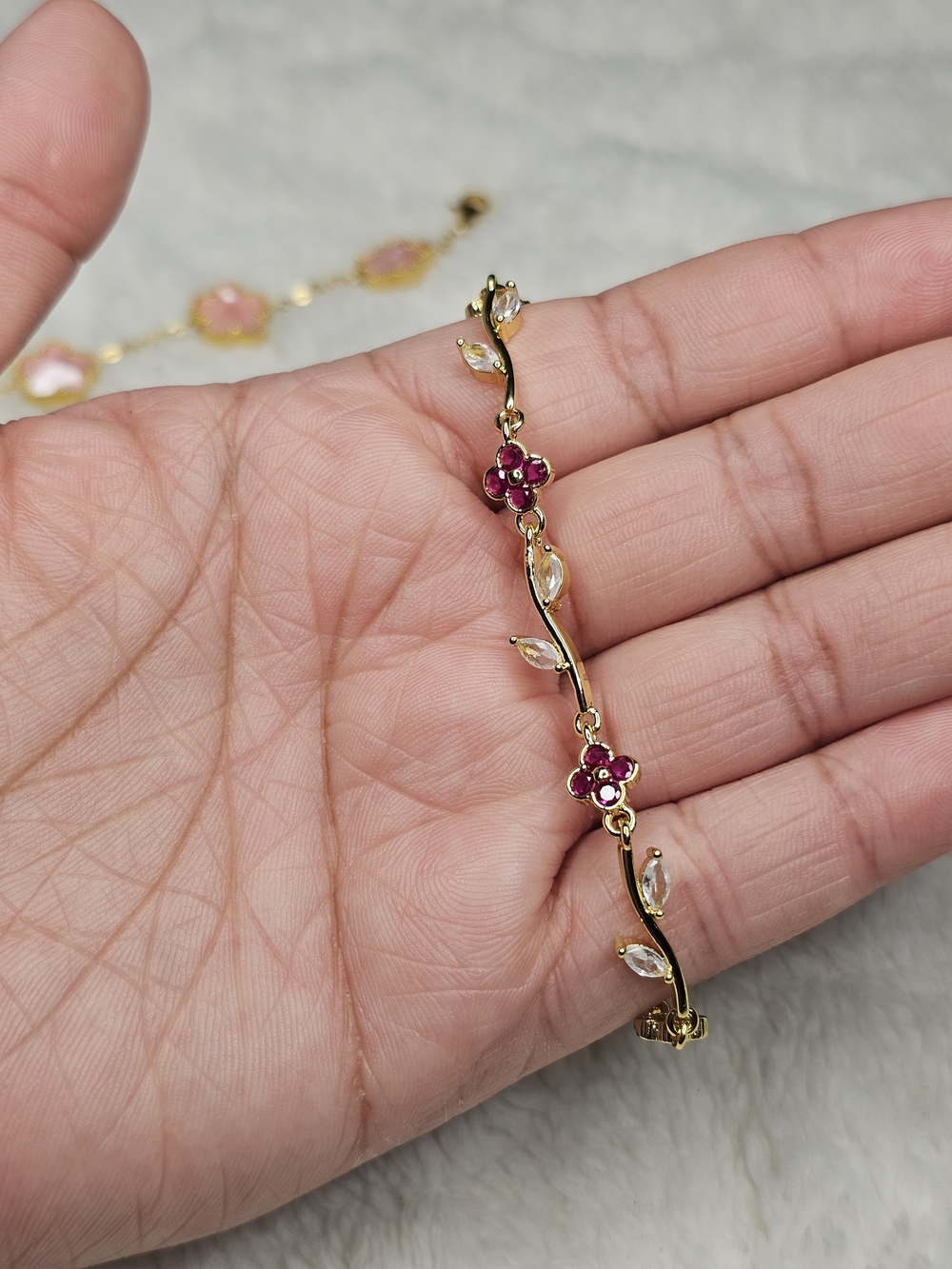 Gold-Tone Pink Floral Vine Bracelet